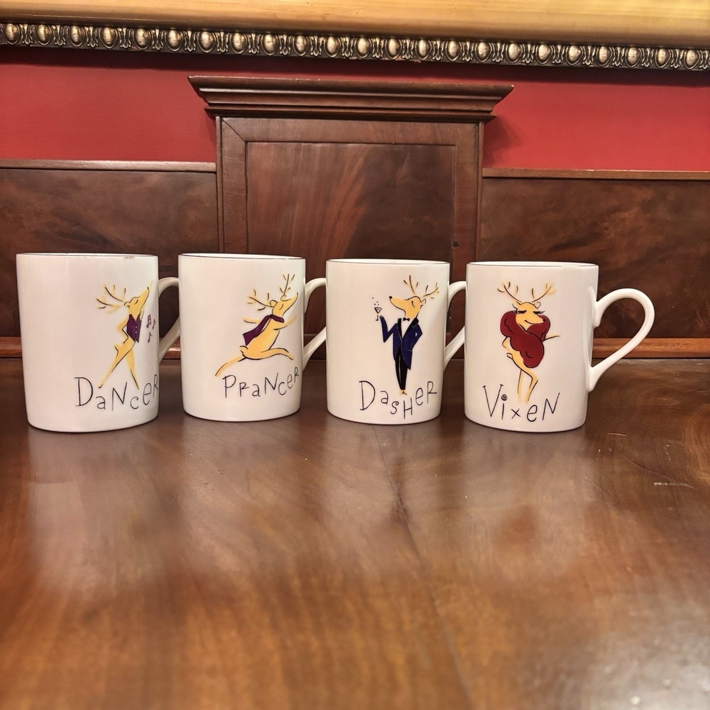 Pottery Barn Reindeer Mug Set of 4 Dasher Dancer‎ Prancer Vixen Christmas
